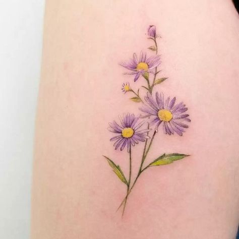 Daisy Tattoo Meaning, Aster Flower Tattoo, Aster Tattoo, Small Daisy Tattoo, Aster Flower Tattoos, Daisy Flower Tattoos, Purple Tattoos, Daffodil Tattoo, Flower Tattoo Meanings