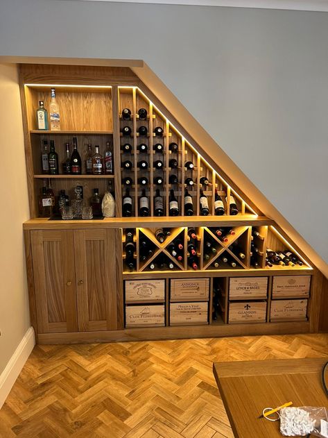 Wine Cellar Under Stairs Staircases, Bar Under Stairs, Under Stairs Space, Under Stairs Wine Cellar, Wine Wall Display, Under Stairs Storage Ideas, Stairs Storage Ideas, Closet Under Stairs, Bespoke Joinery