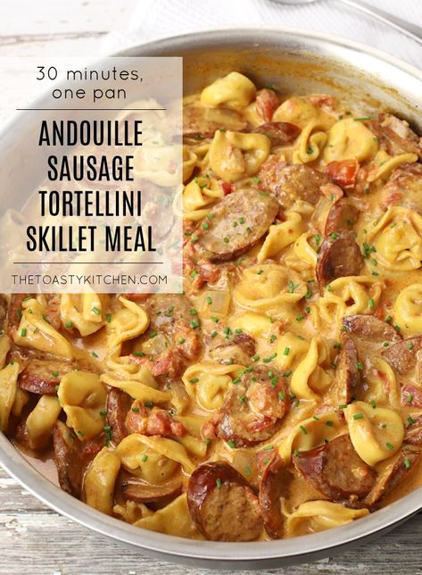 Andoullie Sausage Pasta, Kilbasa Sausage Tortellini, Cajun Andouille Sausage Pasta, Easy Firehouse Meals, Cajun Style Andouille Sausage Recipes, Andoullie Sausage Recipes, Tortellini Kielbasa, Andouille Recipes, Smoked Sausage Tortellini