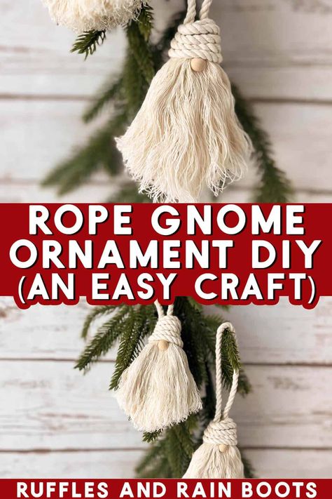 Use this free tutorial to create rope gnome ornaments, complete with a fluffy gnome beard! This fun Christmas ornament is perfect for a craft idea to make and sell this holiday season, as they do not take a long time and only use a couple of supplies. This beginner macrame craft idea will use two macrame cord sizes, scissors, and glue for assembly. These rope gnomes are great for Christmas tree ornaments or package ties, so get the free written and video tutorial at Ruffles and Rain Boots. Rope Christmas Tree Diy Ornaments, Easy Macrame Gnomes, Rope Gnomes, Macrame Gnomes Diy, Rope Ornaments, Diy Gnome Ornaments, Swedish Gnomes, Gnome Beard, Relaxing Christmas