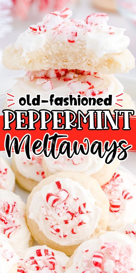 Peppermint Meltaways, Peppermint Cookie Recipe, Meltaway Cookies, Peppermint Recipes, Peppermint Sugar Cookies, Frosted Cookies, Creamy Frosting, Candy Cane Cookies, Baking Items