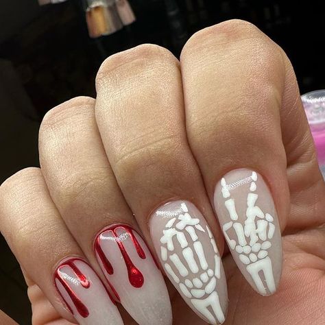 Nadia OrNAILas🔥 Oceanside CA NAILTECH on Instagram: "🤍✨💀🩸

Almond, milky-white, bones, chrome

#nails #almondnails #halloween #halloweennails #elpaso #glossgenius #hallowgenius" Milky White Halloween Nails, White Halloween Nails, White Halloween, Milky White, Chrome Nails, Almond Nails, Halloween Nails, Bones, Almond