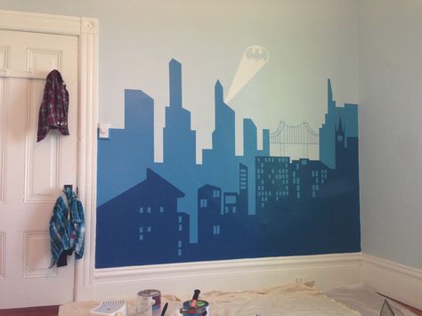 Avengers Bedroom, Batman Bedroom, Skyline Mural, Avengers Room, Spiderman Room, Batman Room, Batman Decor, Diy Mural, Superhero Bedroom