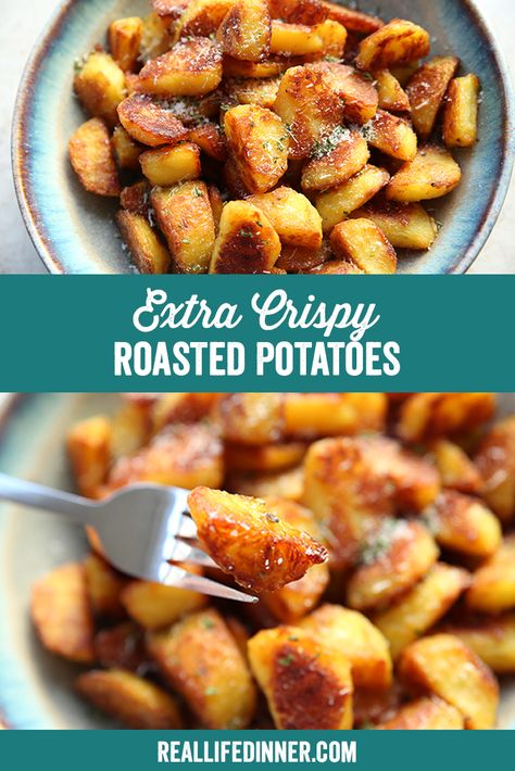 Extra Crispy Roasted Potatoes ~ https://reallifedinner.com The Best Crispy Roast Potatoes Ever, Extra Crispy Roasted Potatoes, Stove Top Roasted Potatoes, Roasted Idaho Potatoes, Crispy Roasted Potatoes In Oven, Roast Potato Recipes, Vesuvio Potatoes, How To Roast Potatoes, Italian Roasted Potatoes