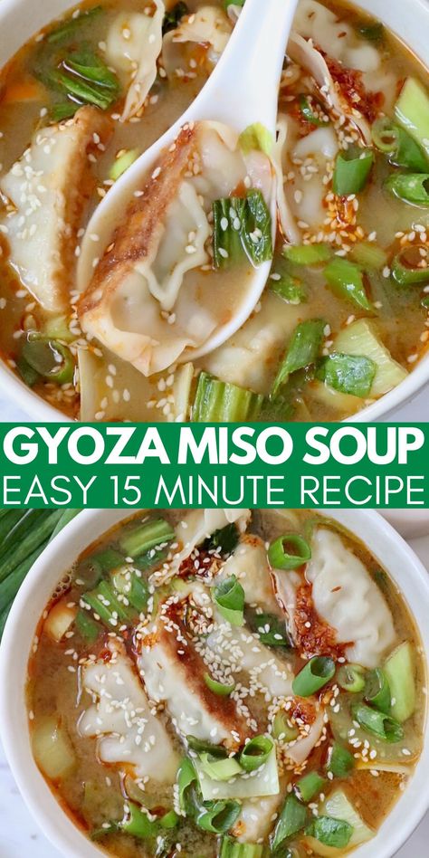 gyoza soup in bowl with spoon topped with diced green onions Miso Soup With Shrimp, Dumplings Soup Asian, Miso Soup Add Ins, Wonton Miso Soup, Miso Soup Dumplings, Miso Dumpling Soup Recipe, Miso Soup With Dumplings, Miso Soup Noodles, Japanese Soup Recipes Easy