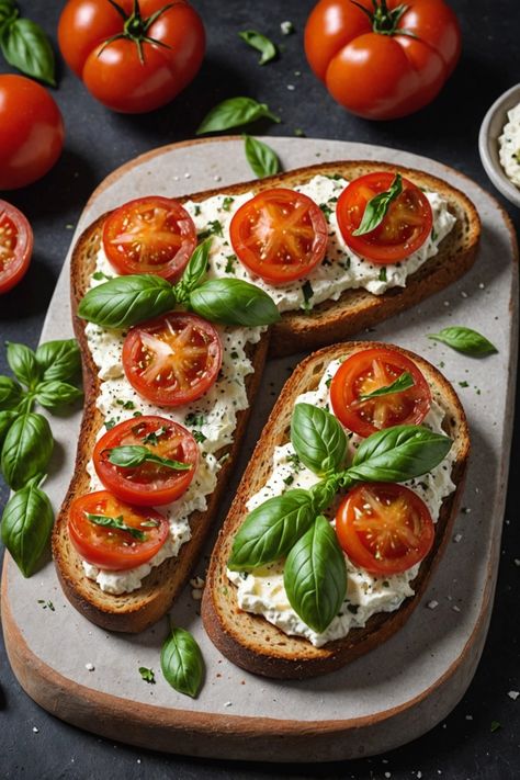 A photo of a  Tomato Basil Ricotta Toast which is a type of ricotta toast recipes Roasted Strawberry Whipped Ricotta Toast, Tomato Toast Breakfast, Ricotta Recipes Healthy, Ricotta Toast Recipes, Ricotta Sandwich, Bruschetta Toast, Cheese Toast Recipe, Tomato Toast, Ricotta Cheese Recipes