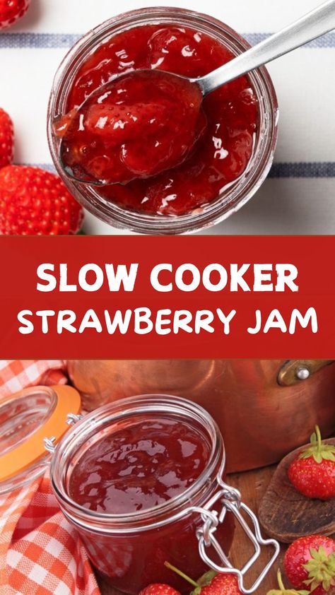 Slow Cooker Strawberry Jam Slow Cooker Jam Recipes, Crockpot Strawberry Jam, Crock Pot Jam, Slow Cooker Jam, How To Make Strawberry Jam, Strawberry Jam Recipe Canning, Crockpot Jam, Powdered Fruit, Jar Food Gifts