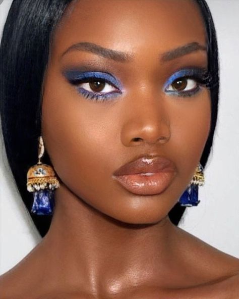 Makeup With Blue Waterline, Indigo Makeup Looks, Pale Blue Makeup Looks, Blue Shimmer Eye Makeup, Colored Undereye Makeup, Makeup For Navy Blue Dress Wedding, Blue Eyeshadow On Brown Skin, Blue Eyeshadow Looks Black Women, Blue Eyeshadow Black Women