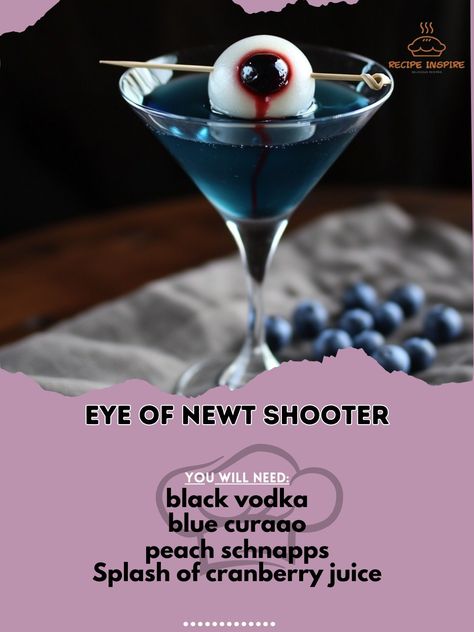 🔮✨ Stir up some magic with this bewitching Eye of Newt Shooter! Perfect for Halloween parties. 🎃🧙‍♀️ Eye of Newt Shooter Ingredients: - 1 oz black vodka (30 ml) - 0.5 oz blue curaçao (15 ml) - 0.5 oz peach schnapps (15 ml) - Splash of cranberry juice Instructions: 1. Fill a shaker with ice. 2. Add black vodka, blue curaçao, peach schnapps, and cranberry juice. 3. Shake well and strain into a shot glass. 4. Serve and enjoy the magical potion! 🔮 Stir up some fun at your next gathering with this... Black Vodka, Eye Of Newt, Vodka Blue, Magical Potion, Layered Drinks, Peach Schnapps, Blue Curacao, Schnapps, Newt