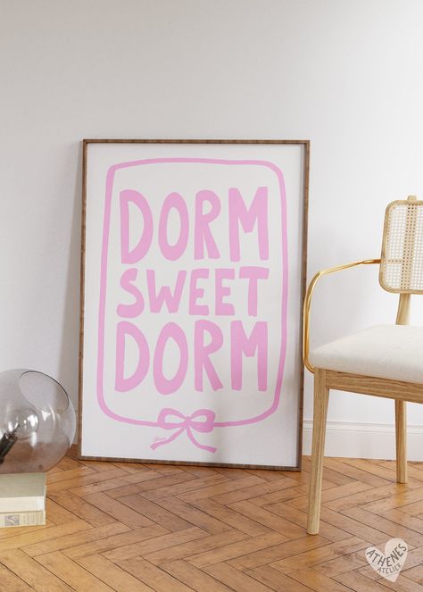 Dorm sweet dorm, Light pink dorm room decor, Dorm room essentials, dorm door sign, coquette dorm decor, roommate gift, girly dorm prints Easy Diy Dorm Decor, Dorm Walls Ideas, Pink Dorm Decorations, Dorm Sweet Dorm Sign, Cool Girl Dorm Room, Dorm Inspo Cozy Pink, College Dorm Prints, College Dorm Inspo Pink, Cute Dorm Paintings