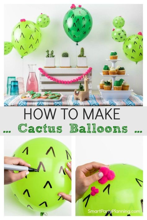 Fun and easy DIY cactus balloons that are perfect for summer or Mexican fiesta party decor. They make the perfect centerpiece or help to make a party table backdrop. Kids will fall in love with these cactus balloons and will delight in making them for their party. Cactus Balloon, Mexican Birthday Parties, Fest Temaer, Mexican Fiesta Party, Fiesta Birthday Party, Mexican Birthday, Fiesta Party Decorations, Fiesta Theme Party, Cactus Party