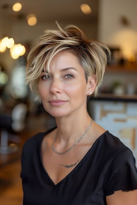 Choppy Asymmetrical Haircut, Very Short Hair Highlights, Pixie Hair Blonde Highlights, Long Layered Pixie Haircut With Bangs, Curly Bixie Shag, Pixie Cut Blonde Highlights, Pixie Haircut Thick Straight Hair, Short Hairstyles Fall 2024, Chunky Layered Hair