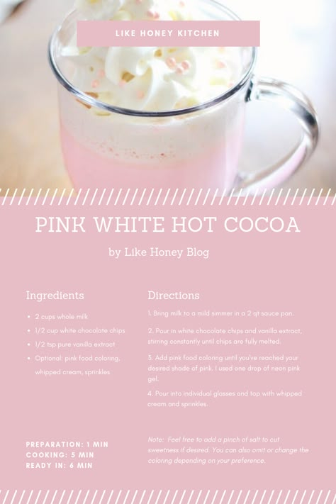 Pink Hot Cocoa, White Hot Cocoa, Hot Chocolate Homemade, Unicorn Hot Chocolate, Chocolate Homemade, Homemade Hot Cocoa, Hot Cocoa Recipe, Cocoa Recipes, White Hot Chocolate