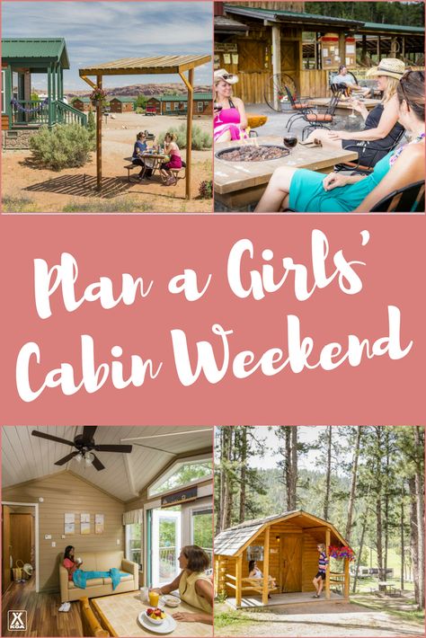 Plan a Girls' Cabin Camping Weekend! Ladies Camping Weekend, Cabin Trip Ideas Fun, Cabin Trip Food Ideas, Girls Cabin Trip Ideas, Cabin Weekend With Friends, Food For Girls Weekend, Sister Weekend Ideas, Fun Girls Weekend Ideas, Girls Birthday Weekend Ideas