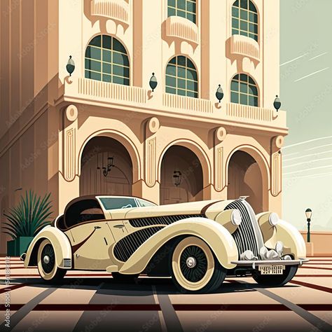 Art Deco Vehicles, Gatsby Artwork, Gatsby Car, 1920s Art Deco Posters, Art Deco Landscape, Art Deco Facade, Art Deco City, Vieux Couples, Art Deco Drawing