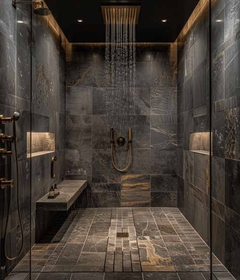 Luxurious Shower Room, Dark Tile Walk In Shower Ideas, Luxury Shower With Bench, Sit In Shower Walk In, Sit In Shower, Bathroom With Two Showers, Master Shower With Seat, Shower Room Lighting Ideas, Wall To Wall Shower Ideas