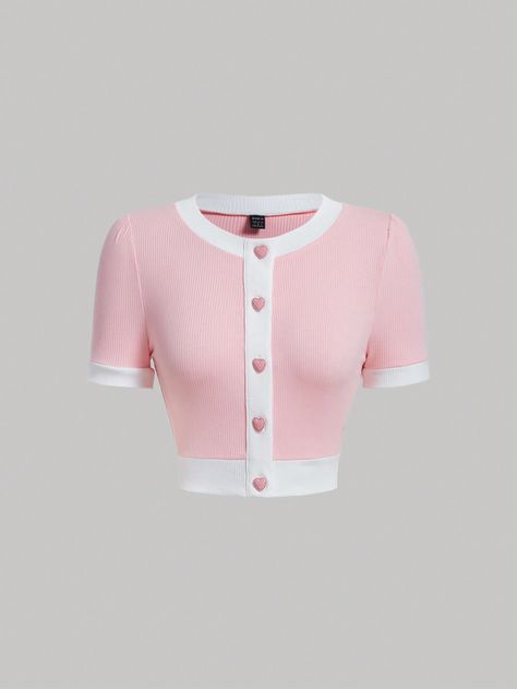 Baby Pink Casual Collar Short Sleeve Knitted Fabric Colorblock  Embellished Non-Stretch  Women Clothing Brunch Outfits, Big Friends, Brunch Outfit, Women T Shirts, Shein Tops, Clothing Ideas, Fit Inspo, Contrast Trim, Dream Wardrobe