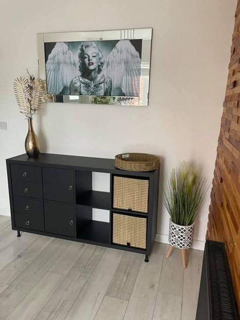 Black Kallax Living Room, Kallax Unit Living Room, Kallax Black Brown Ideas, Kallax Hack Sideboard, Black Kallax Hack, Black Kallax Ikea, Painted Kallax Unit, Black Kallax Styling, Kallax Tv Board