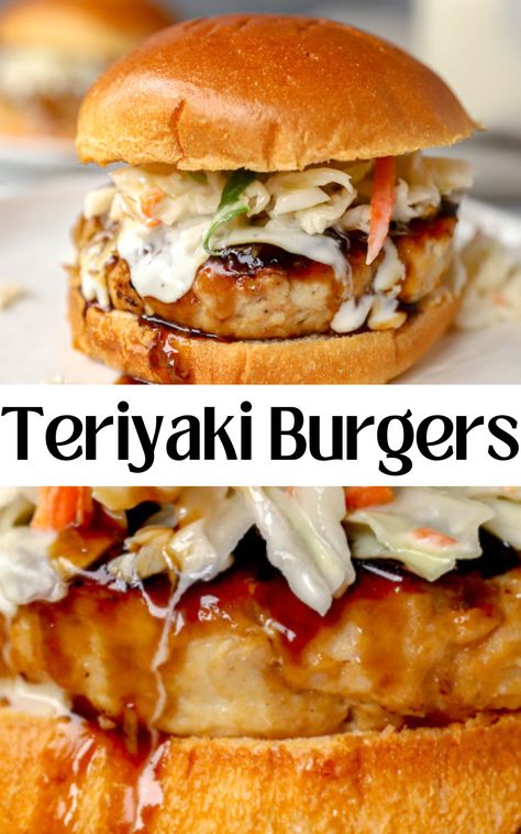 two stacked photos of the chicken teriyaki burgers Teriyaki Chicken Burgers, Teriyaki Chicken Burger, Chicken Burger Topping Ideas, Grilled Ground Chicken Burgers, Hawaiian Chicken Burgers, Chicken Burger Toppings, Asian Chicken Burgers, Teriyaki Turkey Burger, High Protein Sliders