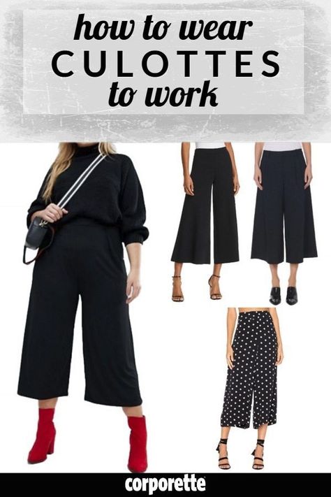 Can you wear culottes to a business casual or conservative office? We're rounding up some little tips for HOW to wear culottes to work if you CAN wear them to your office! Black Culottes Outfit Office, Cullotes Outfit Work, How To Wear Cullotes, Cullotes Outfit Casual, Culottes Outfit Work, Black Cullotes Outfits, Culottes Outfit Casual, Black Culottes Outfit, Culotte Outfit