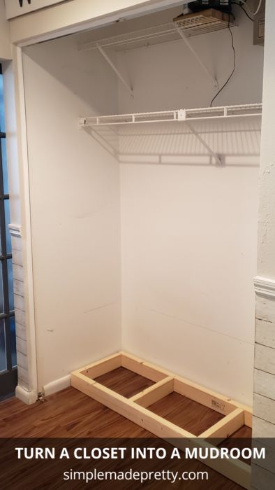 Turn Closet Into Mudroom Lockers, Front Closet Entryway Ideas, Mini Mudroom Entryway Closet, Porch Closet Organization, Basement Mud Room Entryway, Hall Closet Renovation, Diy Bench In Closet, Step Down Mudroom, Winter Mudroom Organization