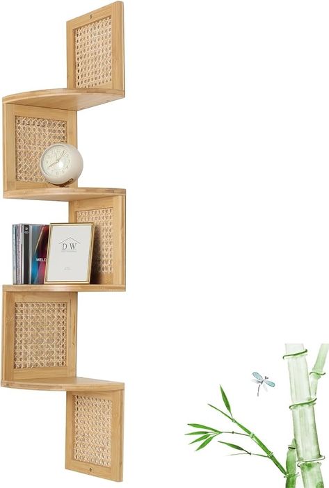 Amazon.com: FamilleElement Bamboo 4-Tier Corner Shelf Natural Rattan Floating Corner Shelves Wall Mount Shelves for Living Rooms, Bedroom, Office (02-Bamboo) : Home & Kitchen Coener Shelf, Bamboo Shelves, Wall Mount Shelves, Rattan Shelf, Green Room Decor, Floating Corner Shelves, Bamboo Shelf, Shelves Wall, Pooja Room Design