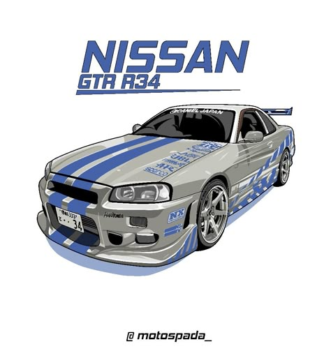 Car Drawing Nissan Gtr, Nissan Race Cars, Cars Posters Aesthetic, Fast And Furious Cartoon, Nissan Gtr R34 Drawing, Race Cars Drawing, Skyline Drawing Car, Nissan Gtr Skyline Drawing, Nissan Skyline Poster