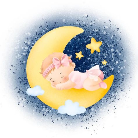 Watercolor baby girl sleeping on the moo... | Premium Vector #Freepik #vector #watercolor-stars #baby-moon #watercolor-moon #cute-moon Sleeping On The Moon, Baby Boy Background, Boy Sleeping, Baby Boy Art, Boy Frame, Baby Scrapbook Album, Cow Baby Showers, Baby Photo Frames