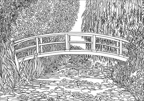 Coloring page created from 'The Water Lily Pond' (1899) by Claude Monet. In 1893, Monet, painter but also passionate horticulturist, purchased land with a pond near his property in Giverny (France), intending to build something 'for the pleasure of the eye and also for motifs to paint'. The result was his water-lily pond. Claude Monet Sketch, The Water Lily Pond, Water Lily Tattoos, Art Andy Warhol, Giverny France, Claude Monet Water Lilies, Garden Coloring Pages, People Coloring Pages, Water Lily Pond