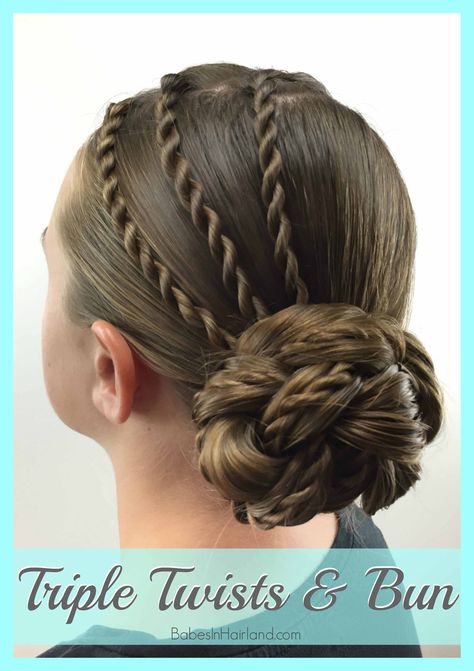 Triple Twists & Bun from BabesInHairland.com #hair #hairstyle #twists #bun Twist Pony, Bleached Hair Repair, Ballet Hairstyles, Competition Hair, Ballroom Hair, Twist Bun, Easy Hair Updos, Dance Hairstyles, Natural Hair Updo