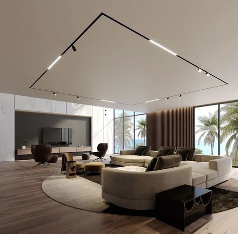 Track Lighting Living Room, Stretch Ceiling, Track Lights, تصميم داخلي فاخر, Home Lighting Design, Hall Interior Design, Plafond Design, Ceiling Design Modern, Regal Design