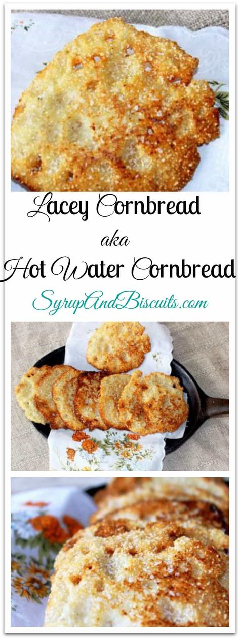 Lacey Cornbread aka Hot Water Cornbread is a rustic cornbread made of unleavened cornmeal, hot water, and salt and fried in a cast iron skillet. #Cornbread #Rustic Lacey Cornbread, Water Cornbread, Fried Cornbread, Hot Water Cornbread, Southern Home Decor, Comfort Food Southern, Simple Wedding Hairstyles, Southern Food, Corn Bread Recipe