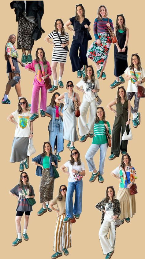 Collage or various different women wearing spring and summer outfits with green Adidas gazelle sneakers. Green Adidas Shoes Outfit, Green Adidas Gazelle, Adidas Gazelle Green, Green Shoes Outfit, Platform Sneakers Outfit, Adidas Gazelle Outfit, Platform Outfit, Adidas Gazelle Bold, Bold Outfits