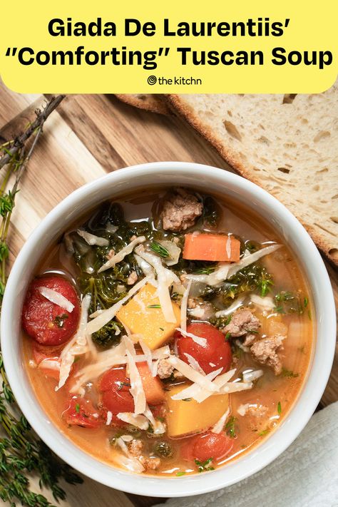 Giada De Laurentiis’ Tuscan turkey soup is a great choice for the winter months. Italian Entrees, Tuscan Soup, Turkey Soup Recipe, Parmesan Rind, Cozy Dinner, Turkey Soup, Giada De Laurentiis, Winter Dinner, Incredible Recipes