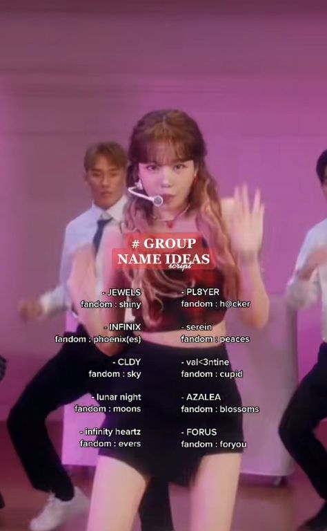 Anime Group Names Ideas, K-pop Group Names, Y2k Group Names, Kpop Group Ideas Name, Fake Kpop Lightstick Ideas, Kpop Entertainment Name Ideas, Idol Name Ideas, Kpop Gg Name Ideas, Kpop Dr Group Name Ideas