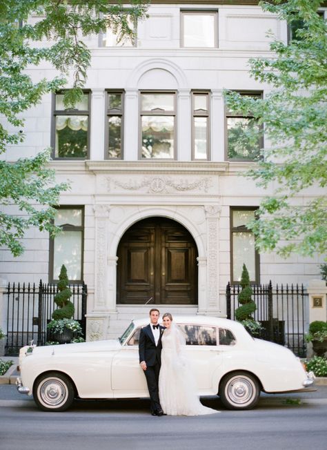 vintage car for the bride and groom | elegant classic Tented At Home Chicago Wedding Wedding Car Photos, Rolls Royce Wedding Car, Wedding Group Poses, Classic Car Wedding, Vintage Elopement, Albanian Wedding, Wedding Getaway Car, Wedding Transport, Luxury Transportation