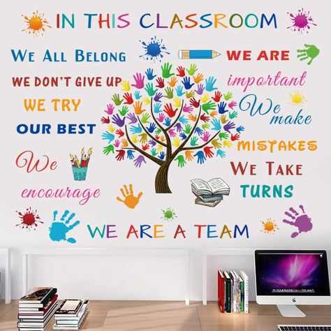 PRICES MAY VARY. Vibrant and Colorful: These inspiring stickers with motivational phrases, handprint, tree and so on. These wall decals boast a delightful array of colors, capturing the attention and imagination of children. The lively and vibrant designs will instantly uplift the atmosphere of any space. High-Quality Materials: About our optimistic saying stickers are made with high-quality PVC, durable and long-lasting. They are resistant to fading, ensuring that the inspirational message and Words For Classroom Walls, Decoration For Classroom Wall, Decorating Classroom Walls, School Wall Design, Nursery Class Decoration, Inspiring Stickers, Handprint Tree, School Wall Decoration, Kids Classroom Decor