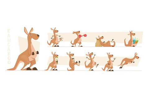 Kangaroo characters. Wildlife australian animals standing and jumping exact vector kangaroo in action poses. Illustration kangaroo character, animal from australian Kangaroo Character Design, Kangaroo Character, Kangaroo Jumping, In Action Poses, Kangaroo Illustration, Kangaroo Jumps, Kangaroo Kids, Character Designing, Visual Style