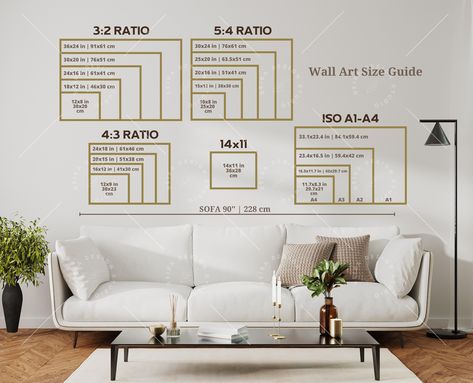 Wall Art Size Guide, Frame Size Guide, Print Size Guide, Comparison Chart, Poster Size Chart, Wall Display Guide, Horizontal Art Size Guide Size Of Pictures Above Queen Bed, Picture Sizes Above Queen Bed, Wall Art Size Guide Full Bed, Different Size Prints On Wall, Art Size Guide Wall, Art Over Sofa Measurements, What Size Frames Above Couch, Digital Print Size, Frame On Wall