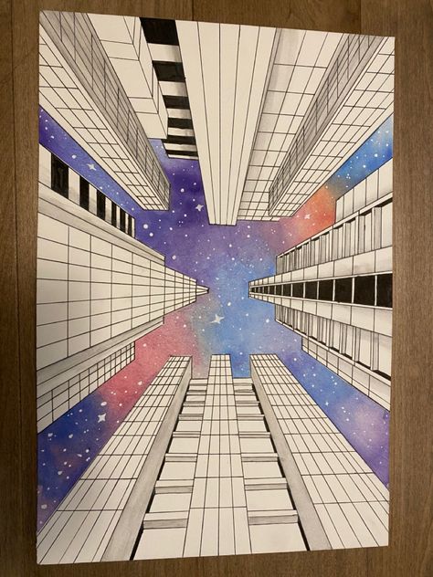 Space Perspective Drawing, Perspective Art Projects, Perspective Building Drawing, Perspective Artwork, Linear Perspective Drawing, Nyc Drawing, Perspective Drawing Architecture, Middle School Art Projects, Art Lessons Middle School