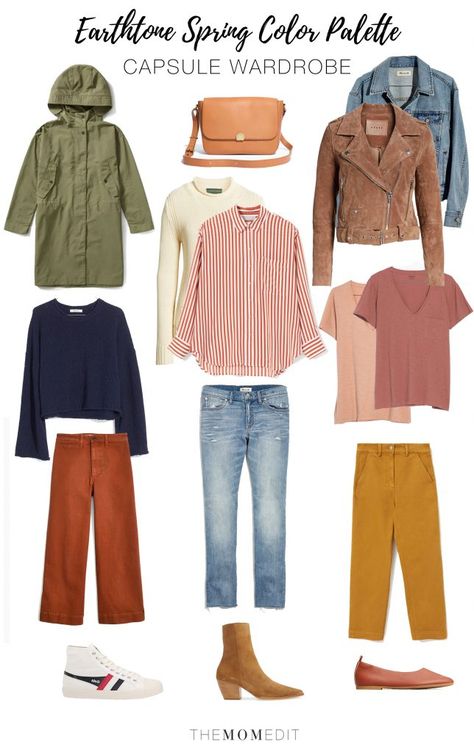 EARTH TONES: A SPRING CAPSULE WARDROBE 3 WAYS | For a Spring capsule wardrobe, earth tones form a perfectly muted palette we can get down with. 3 ways to sport color this season? We got 'em. #TheMomEditStyle #TheMomEditCapsuleWardrobe #SpringCapsuleWardrobe #EarthToneSpringOutfit #EarthToneColorPalette #SpringOutfitsWomen #SpringTrends2019 #MutedColorPalette #Monochromatic #SpringColors2019 #BlankNYC #Zappos #MotoJacketSpring #SpringAnkleBootsOutfit #SpringFlatsOutfit2019 #SpringSneakersOutfit Color Palette Capsule Wardrobe, Sneakers Outfit Spring, Warm Spring Outfits, Mom Edit, Light Denim Jacket, Muted Palette, Spring Color Palette, Spring Capsule, Minimalist Capsule Wardrobe