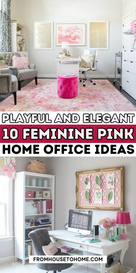 playful and elegant: 10 feminine pink home office ideas Light Pink Office Walls, Modern Girly Office, Pink White And Gold Office Ideas, Boujee Office Decor, Grey And Pink Office, Woman’s Office, Glam Home Office Ideas, Pink Home Office Ideas, Home Office Color Scheme