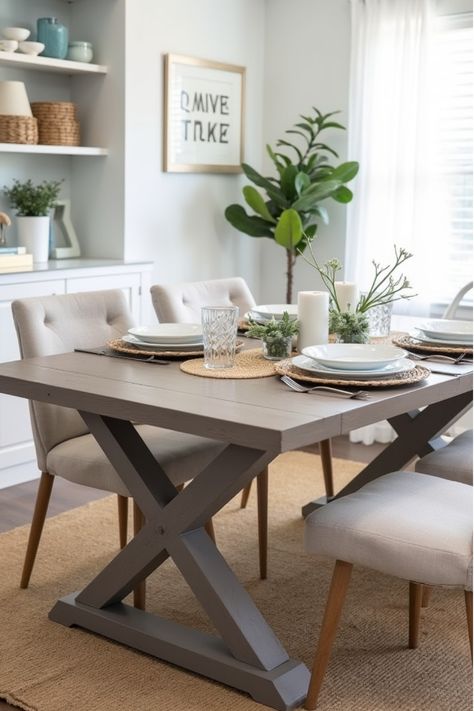 Driftwood gray farmhouse table with coastal-inspired table settings Farmhouse Dining Tables, Eclectic Homes, Farmhouse Tables, Farmhouse Chairs, Farmhouse Dining Chairs, Diy Farmhouse Table, Summer Dining, Gather Round, Extending Table