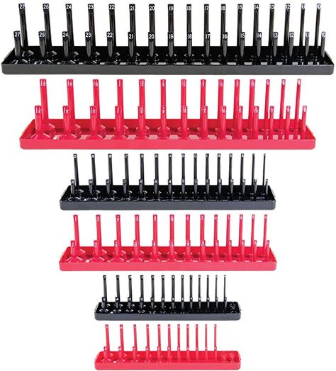 Amazon.com: B&C Home Goods Socket Organizers - 6 Piece SAE & Metric Tray Socket Holder - Toolbox Organizers and Storage for ¼, ⅜ and ½ inch Drive Holder for Mechanics : Automotive Truck Toolbox Organization, Workbench Garage, Toolbox Organizer, Socket Trays, Wrench Organizer, Socket Storage, Red Tray, Socket Organizer, Tool Box Organization