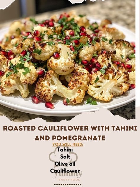 🥦✨ Savor the unique flavors of Roasted Cauliflower with Tahini and Pomegranate! A nutritious and delicious side dish everyone will adore! #HealthyEats Roasted Cauliflower with Tahini and Pomegranate Ingredients: Cauliflower (1 head, cut into florets) Olive oil (3 tbsp) Salt (to taste) Tahini (1/4 cup) Lemon juice (2 tbsp) Garlic (2 cloves, minced) Pomegranate seeds (1/2 cup) Fresh parsley (for garnish) Instructions: Preheat oven to 425°F (220°C). Toss cauliflower florets with olive oil an... Roasted Cauliflower With Tahini, Cauliflower With Tahini, Cozy Fall Recipes, Festive Drinks, Pomegranate Seeds, Hearty Soups, Roasted Cauliflower, Fresh Parsley, Yummy Sides