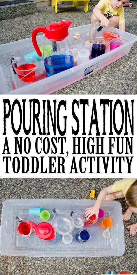 Pouring Station: a no cost, high fun toddler activity Pouring Station, Vetenskapliga Experiment, Aktiviti Kanak-kanak, Easy Toddler Activities, Preschool Craft, Fun Activities For Toddlers, Station Activities, Toddler Activity, Easy Toddler