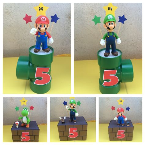 Super Mario centerpieces Mario Themed Centerpieces, Super Mario Bros Party Ideas Centerpieces, Diy Mario Centerpieces, Mario And Luigi Centerpieces, Super Mario Bros Centerpieces, Super Mario Birthday Party Centerpiece, Mario Brothers Party Decorations, Super Mario Bros Party Centerpieces, Mario Table Centerpiece