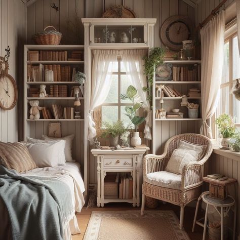 Fairytale Cottage Bedroom, Cottagecore Bookshelf, Cottagecore House Interior, Cottage Core Bedroom, Cottagecore Bedroom Ideas, Cottagecore House, Cottagecore Bedroom, Bookshelf Wall, Cottagecore Home Decor