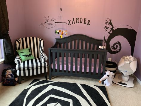 Spooky Nursery Theme, Horror Themed Nursery, Nightmare Before Christmas Nursery Theme, Beetlejuice Nursery Theme, Halloween Themed Nursery, Horror Nursery Theme, Nightmare Before Christmas Nursery Ideas, Alternative Nursery Ideas, Pastel Goth Nursery