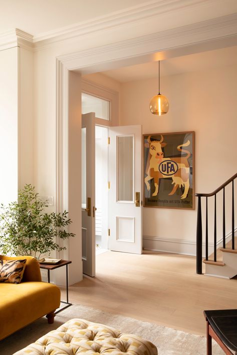 Living Room in Brooklyn Brownstone  by Hadley Wiggins Inc. on 1stdibs Rowhouse Interiors Living Room, Brooklyn Townhouse Living Room, Brownstone Kitchen Brooklyn, Brooklyn Brownstone Living Room, Nyc Brownstone Interior Living Room, Brownstone Living Room Layout, Narrow Brownstone Living Room, Brooklyn Brownstone Interior Living Room, Georgian Modern Interior